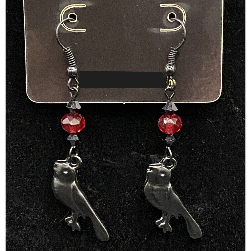 Handmade Black Bird with Red & Black Crystal Earrings by Neanie-Bot